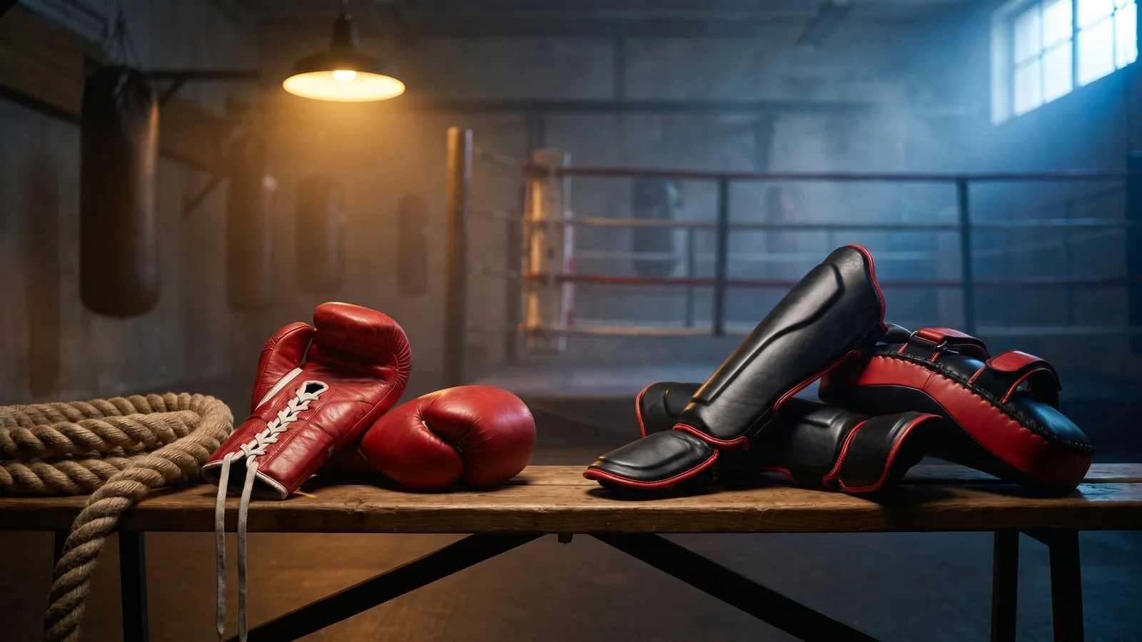 Rękawice i ochraniacze symbolicznie pokazujące wybór między boksem a kickboxingiem