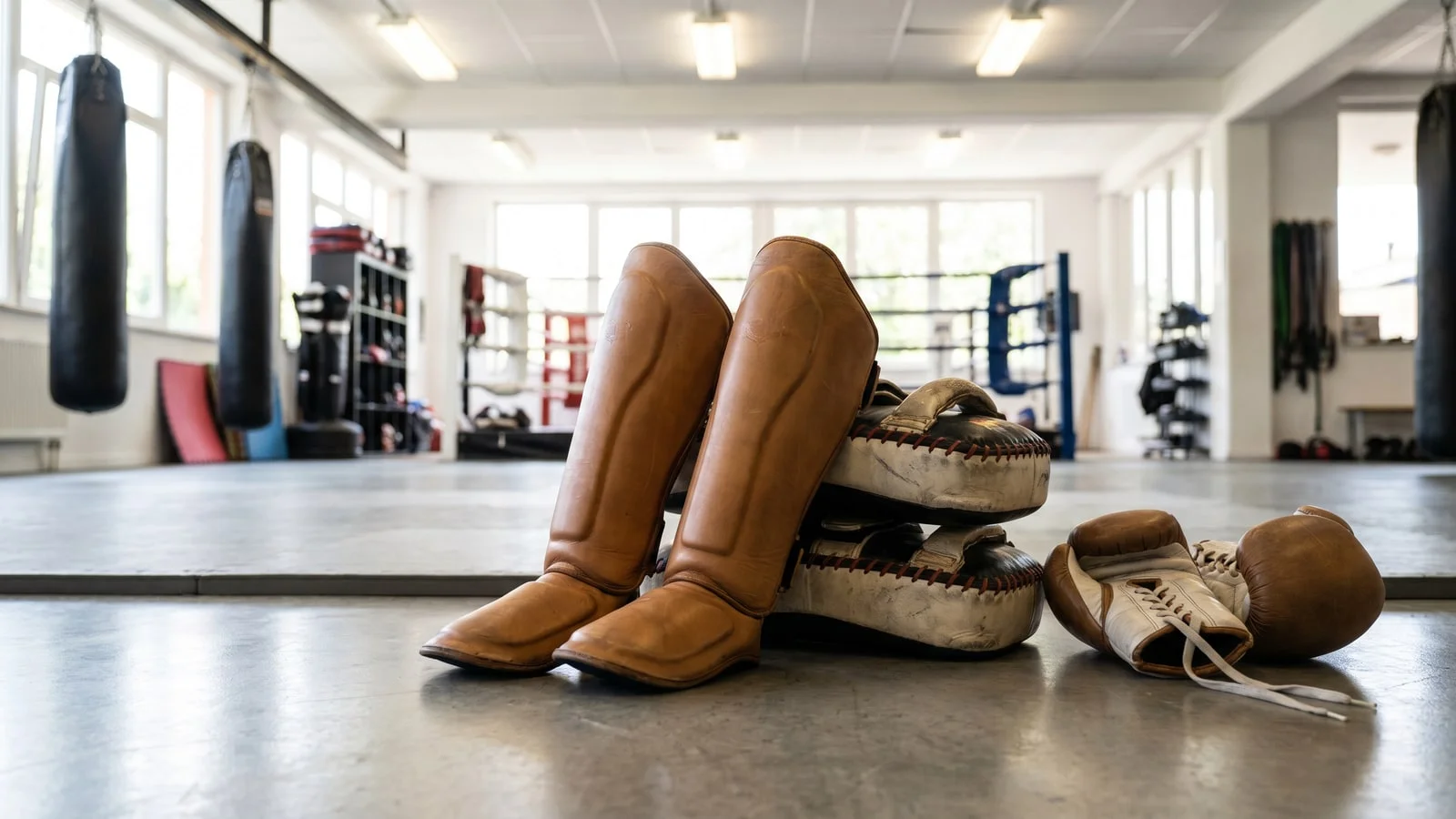 Ranking ochraniaczy piszczeli na tle sali kickboxingu